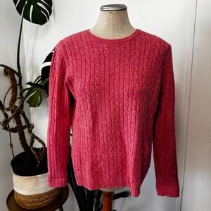 L.L.Bean Cable Knit Sweater Womens Medium Pink Lambswool Blend Crewneck Pullover